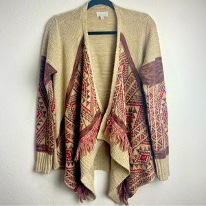 Lucky Brand Open Front Cardigan Aztec Fringe Design Tan/Red Sweater Sz M